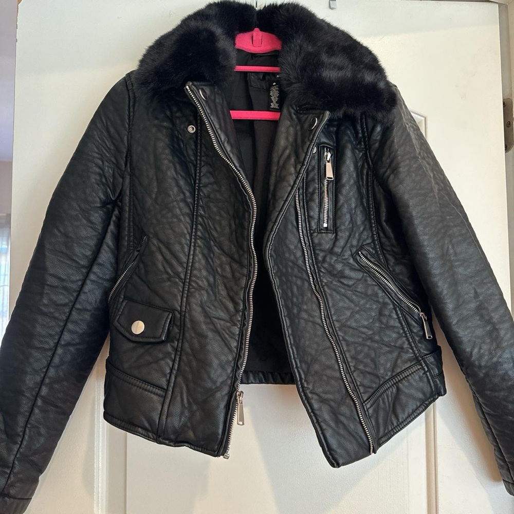 AQUA Leather Jacket with Faux Fur Trim